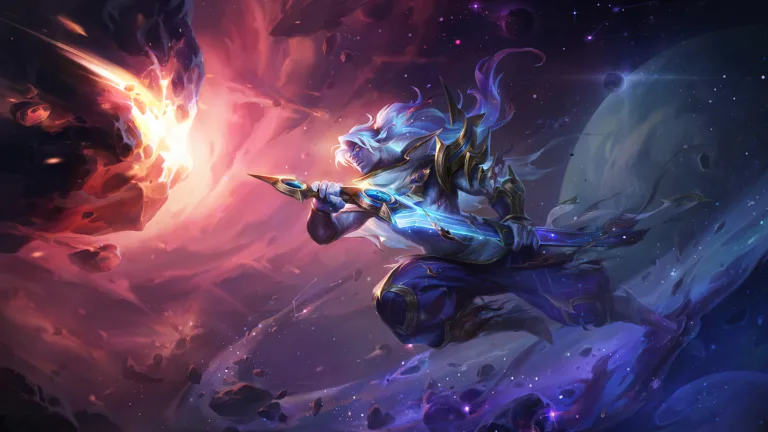 A mesmerizing 4K wallpaper featuring the Cosmic Zephyr Yasuo skin from Legends of Runeterra.