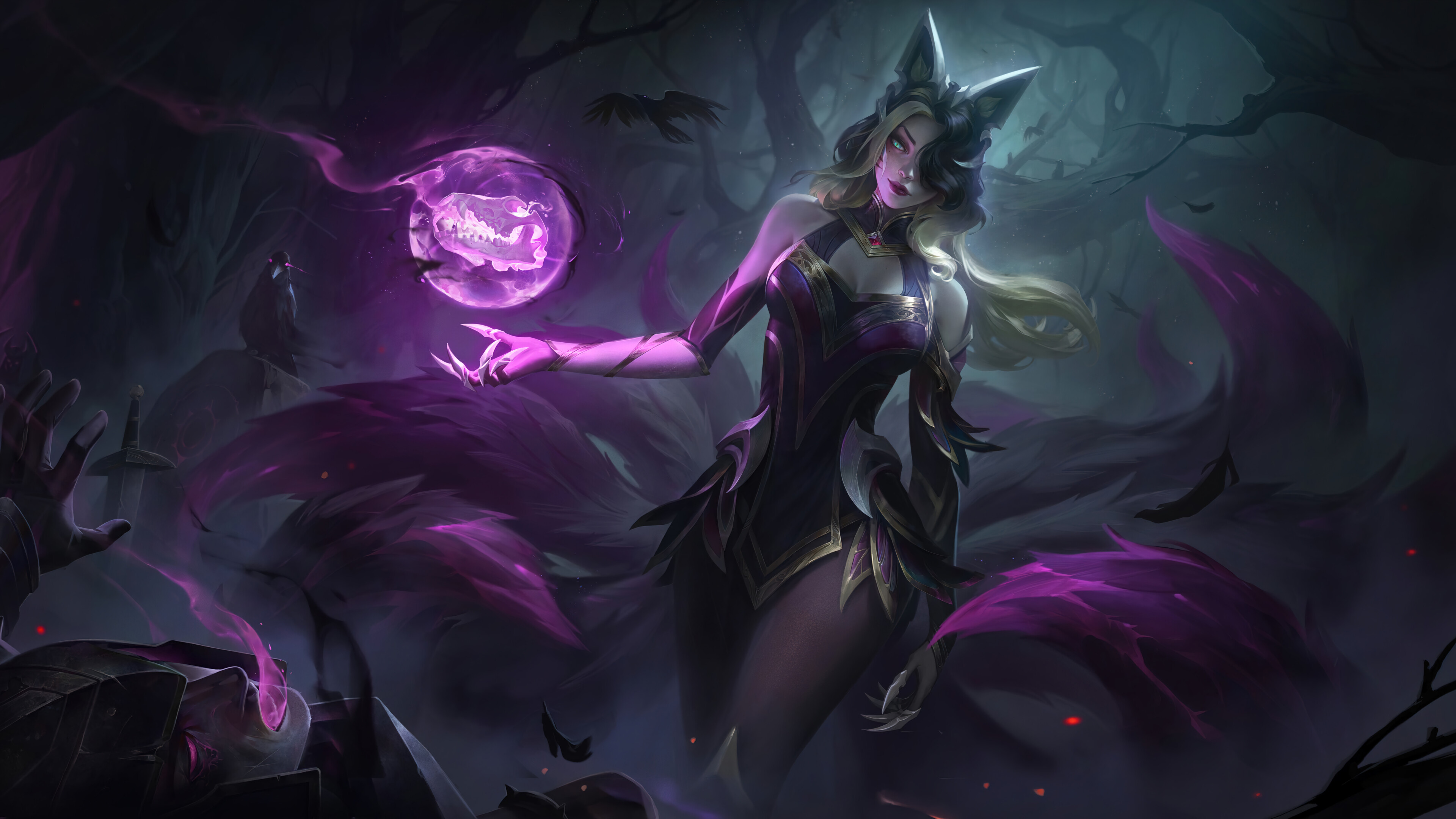 A stunning 4K desktop wallpaper featuring the Coven Ahri skin from League of Legends.