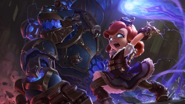 A mesmerizing 4K wallpaper showcasing the Hextech Annie skin from League of Legends. Annie, the young sorceress, is portrayed in her stunning Hextech attire, radiating magical energy.