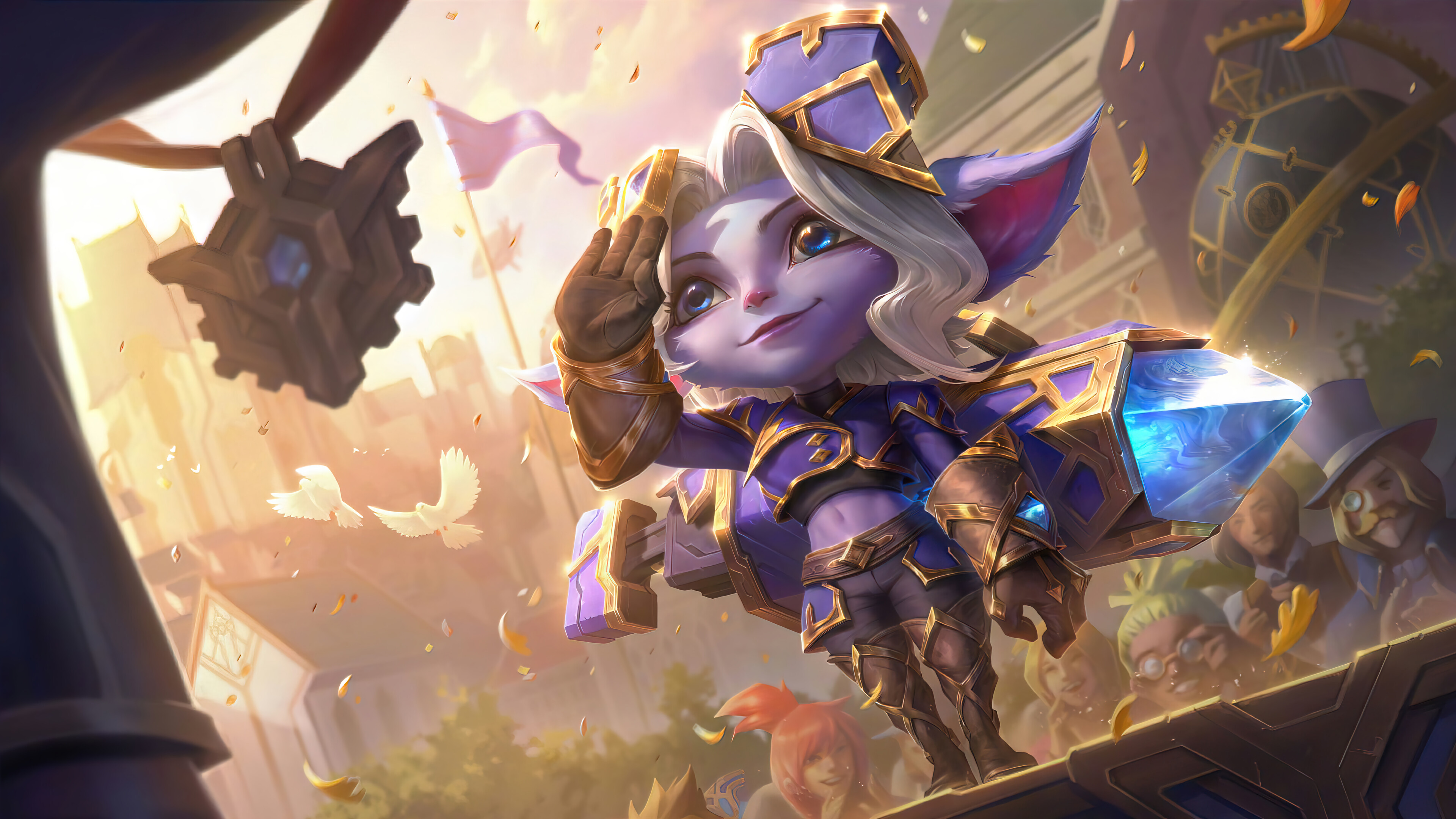 A visually stunning 4K wallpaper featuring the Hextech Tristana skin from League of Legends. Tristana, the Yordle Gunner, is showcased in her futuristic Hextech attire, ready to unleash explosive firepower.