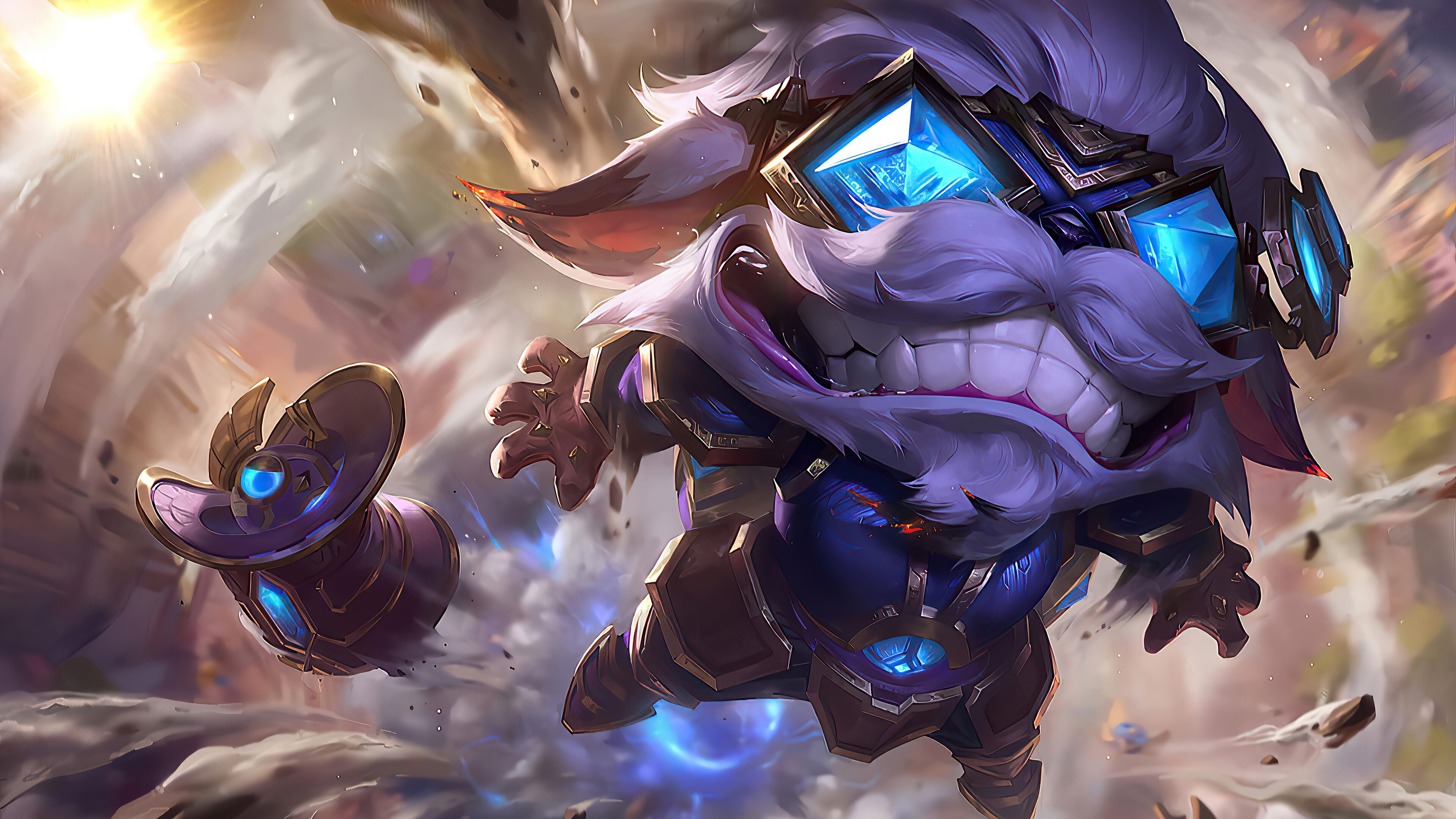 A captivating 4K wallpaper showcasing the Hextech Ziggs skin from League of Legends. Ziggs, the explosive mastermind, is featured in this artwork, displaying his intricate Hextech-themed outfit and wielding his explosive arsenal.
