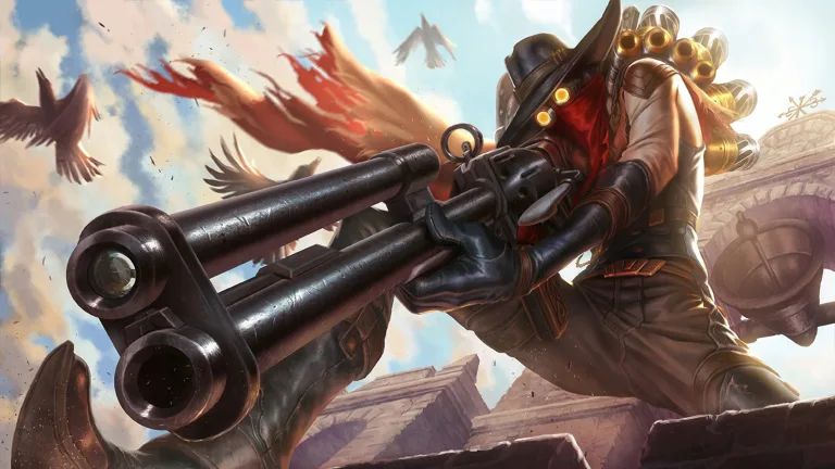 A captivating 4K wallpaper featuring the High Noon Jhin skin from League of Legends. Jhin, the Virtuoso, is showcased in his cowboy-themed skin with intricate details and a fiery background.