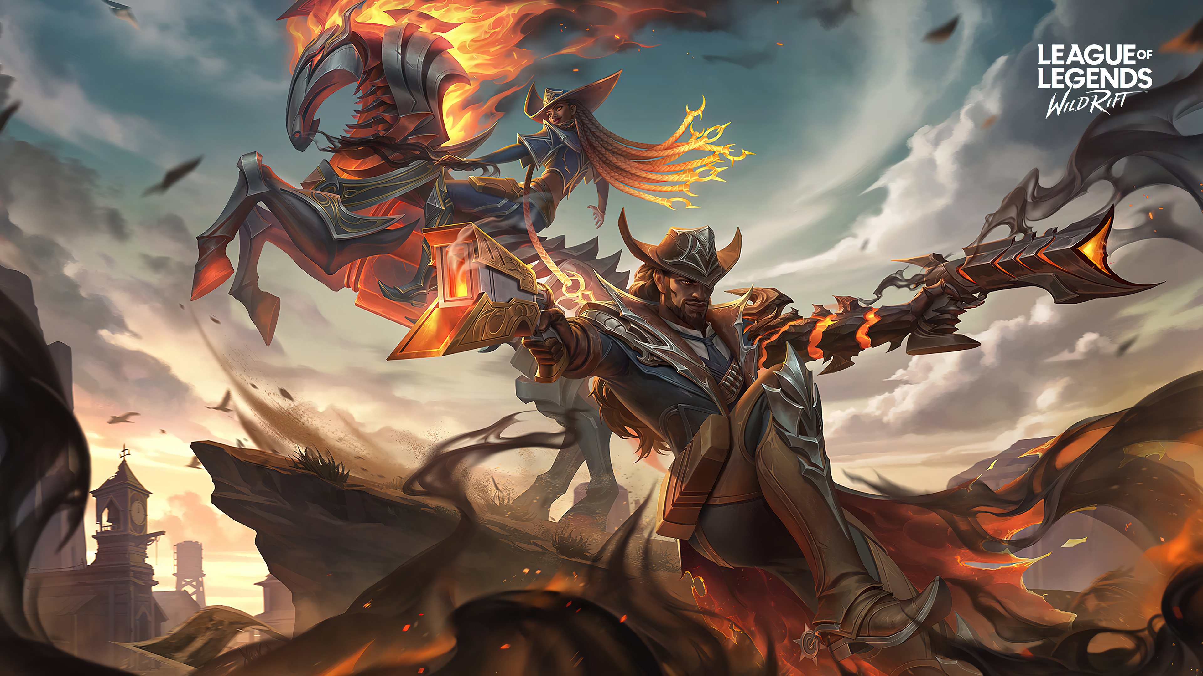 A captivating 4K wallpaper featuring the High Noon Senna and Lucian skins from League of Legends Wild Rift. Senna and Lucian, the deadly gunslingers, are depicted in their High Noon attire, ready for an epic showdown in the Wild West.