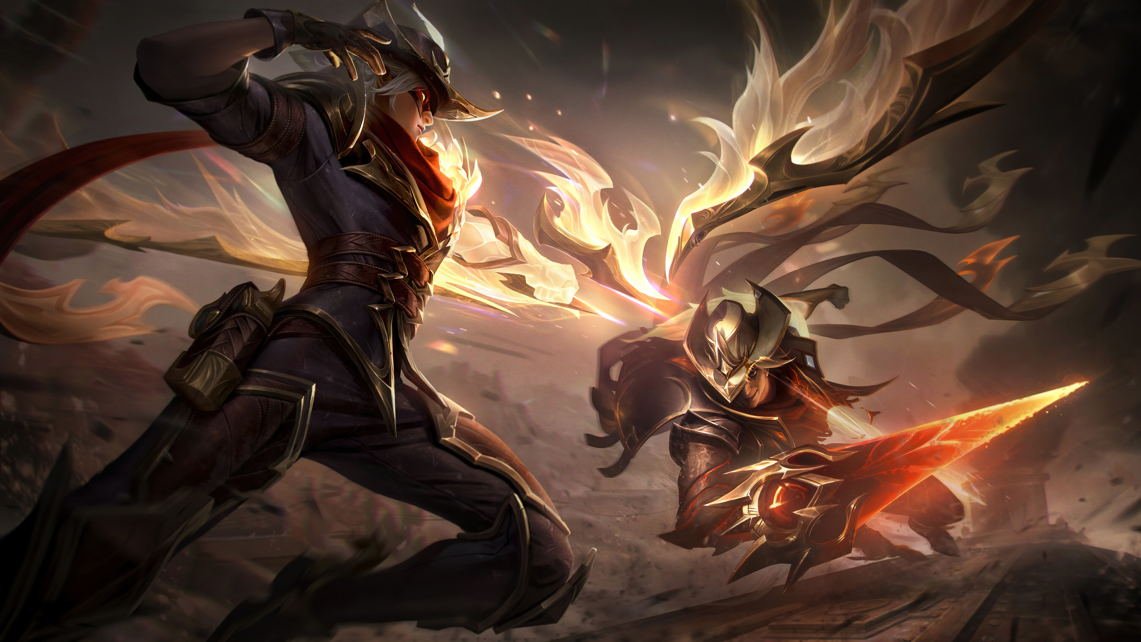 A captivating 4K wallpaper featuring the High Noon Varus and Talon skins from League of Legends. Varus, the Arrow of Retribution, and Talon, the Blade's Shadow, are depicted in their striking High Noon attire, ready for battle in the Wild West-inspired setting.