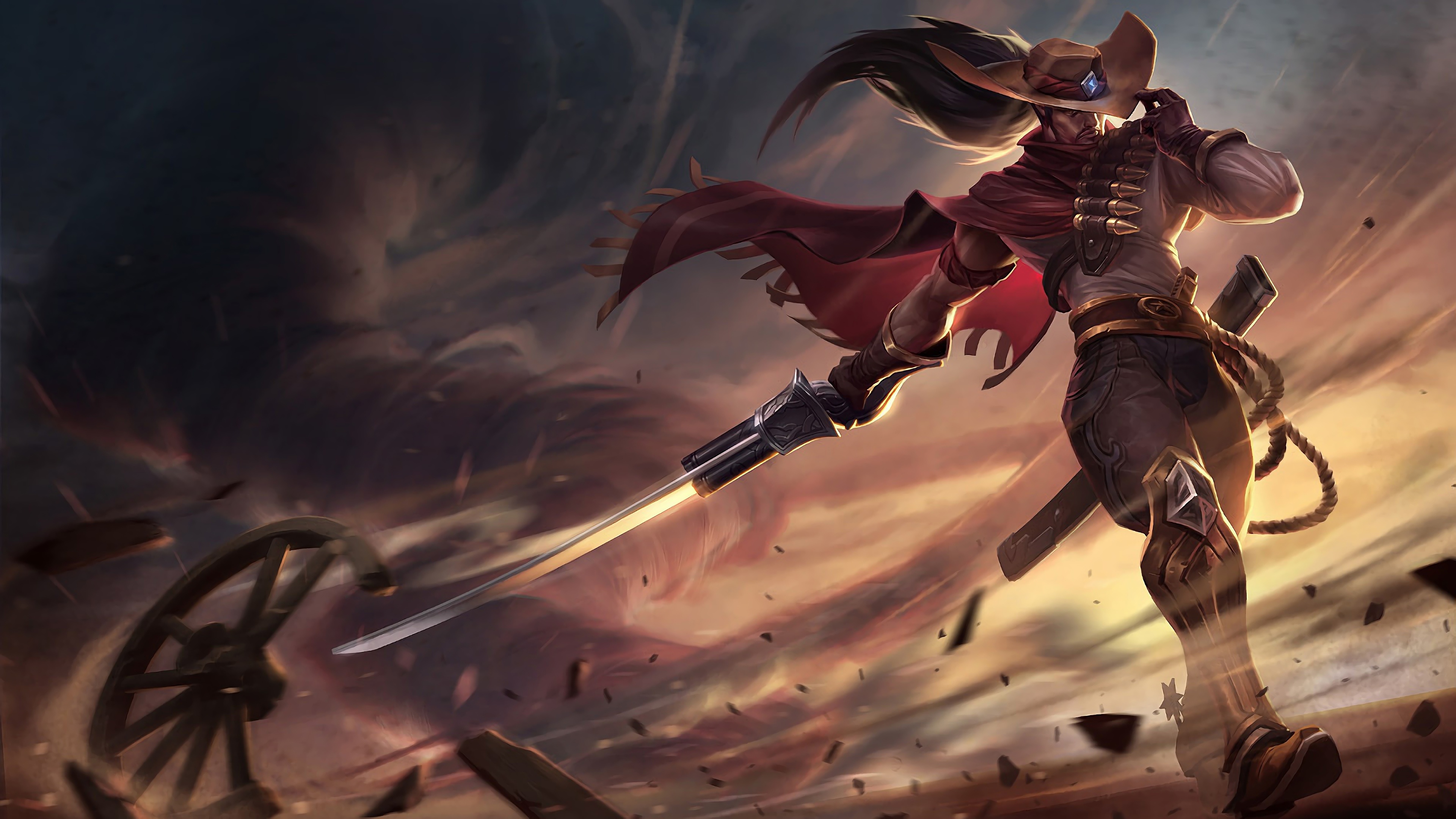A captivating 4K wallpaper featuring the High Noon Yasuo skin from League of Legends. Yasuo, the wind-slicing swordsman, is depicted in his iconic High Noon attire, ready to unleash his blade in a wild west-inspired setting.