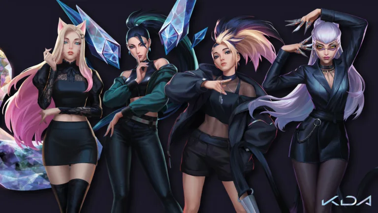 A mesmerizing 4K wallpaper featuring the K/DA 2020 The Baddest skin lineup from League of Legends. Ahri, Kai'Sa, Akali, and Evelynn are showcased in their stylish and iconic outfits, radiating confidence and attitude.