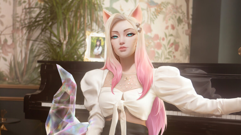 A mesmerizing 4K wallpaper featuring the K/DA Ahri skin from League of Legends. Ahri, the enchanting nine-tailed fox, shines in her stylish K/DA outfit, radiating confidence and beauty on the stage.