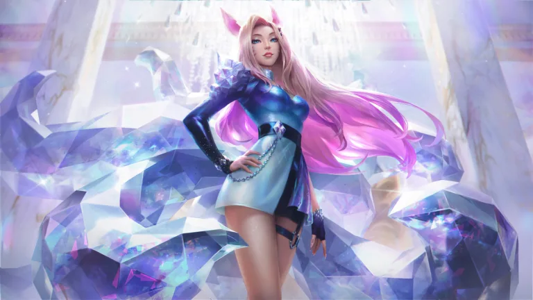 A captivating 4K wallpaper featuring the Ahri K/DA All Out skin from League of Legends. Ahri, the enchanting Nine-Tailed Fox, is showcased in a dynamic pose with vibrant colors and stylish attire, emanating her pop star energy.