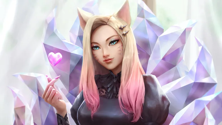 A mesmerizing 4K wallpaper featuring the K/DA Ahri The Baddest skin from League of Legends. Ahri, the enchanting nine-tailed fox, is portrayed in her stylish K/DA outfit, radiating confidence and charm.
