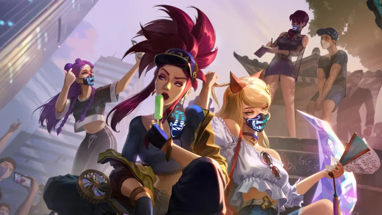 A stunning 4K wallpaper featuring the K/DA skins for Akali, Ahri, Kai'Sa, and Evelynn from League of Legends. The popular music group-inspired skins showcase the champions in their stylish and glamorous outfits.