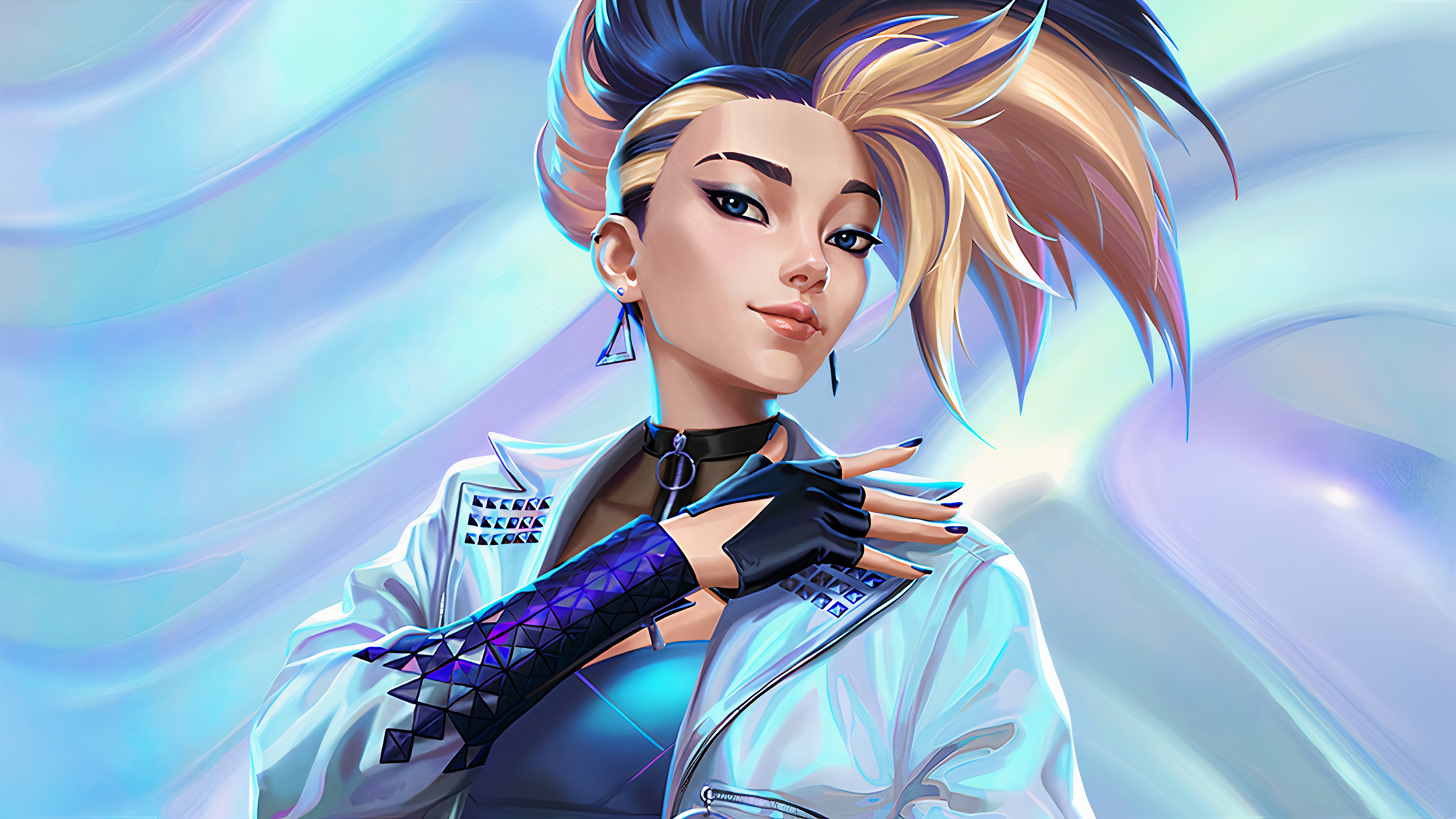A stunning 4K wallpaper featuring the K/DA All Out skin for Akali in League of Legends. Akali, the deadly assassin, is shown in her stylish K/DA attire, ready to perform on stage with her fellow K/DA members.
