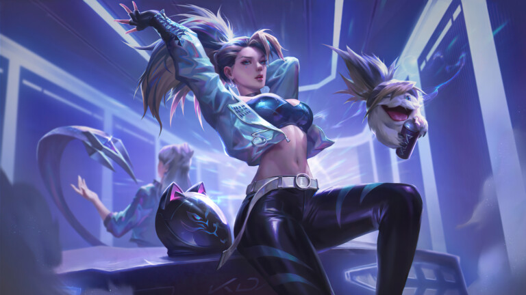 A stunning 4K wallpaper featuring the K/DA All Out Akali skin from League of Legends. Akali, the rogue assassin, is shown in her stylish and electrifying K/DA outfit, surrounded by vibrant lights and energetic atmosphere.