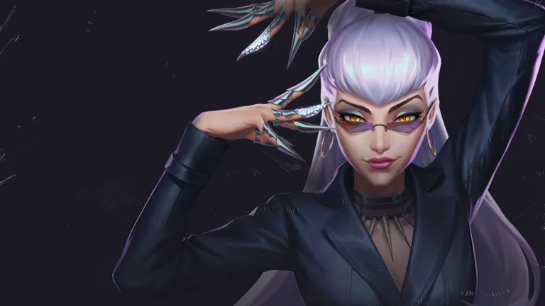 A stunning 4K wallpaper featuring the K/DA Evelynn The Baddest skin from League of Legends. Evelynn, the seductive demon assassin, is shown in her stylish K/DA outfit, exuding confidence and power.
