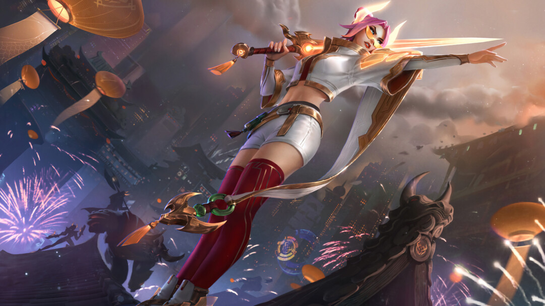 A stunning 4K desktop wallpaper featuring Lunar Beast Fiora Prestige Edition skin from League of Legends.