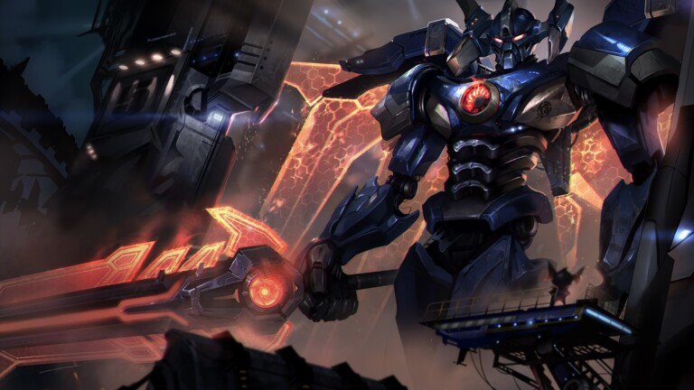 A stunning 4K desktop wallpaper featuring the Mecha Aatrox skin from League of Legends.