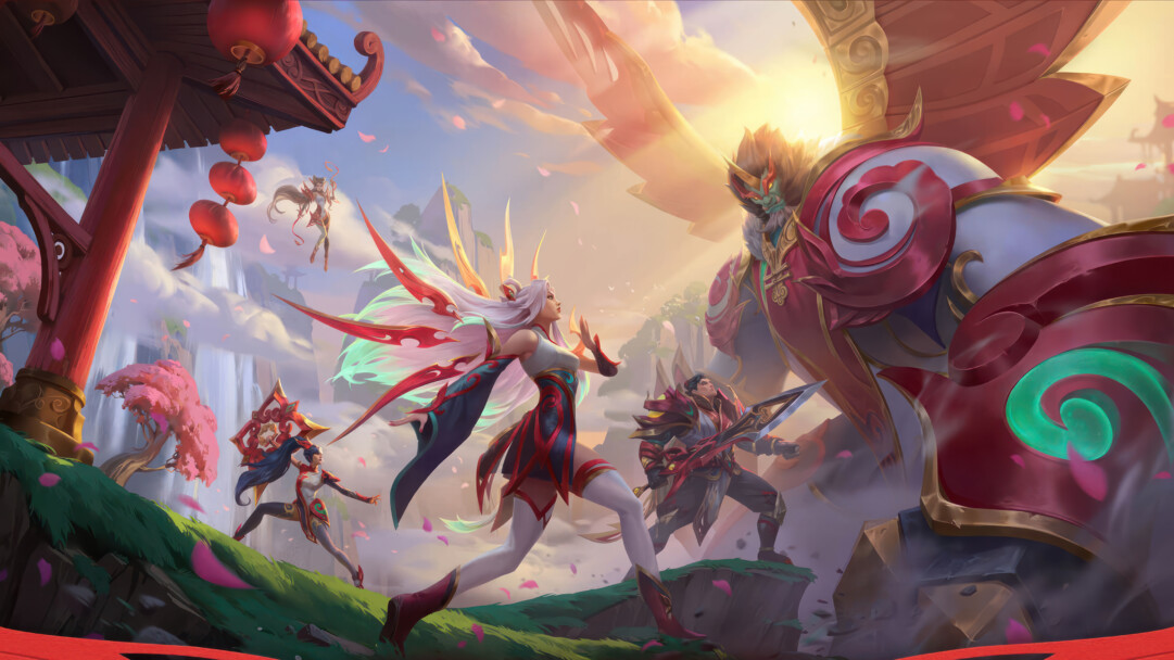 A stunning 4K wallpaper of Mythmaker Lunar skins 2023 for Galio, Irelia, Garen, Sivir, and Zyra from League of Legends.
