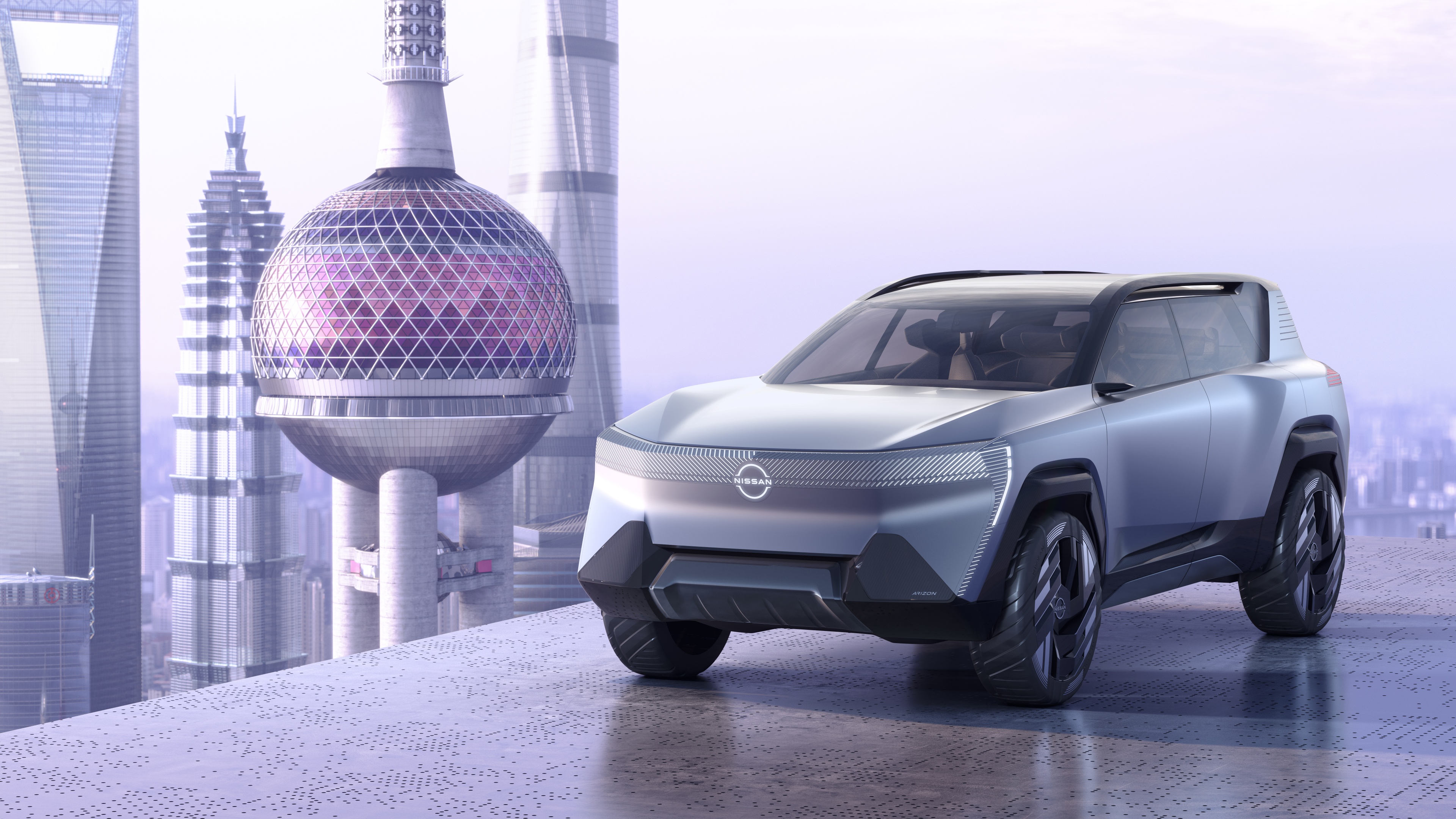 A stunning 4K wallpaper of the electric Nissan Arizon against a beautiful futuristic background. This breathtaking car wallpaper captures the vehicle's sleek design and powerful electric performance.