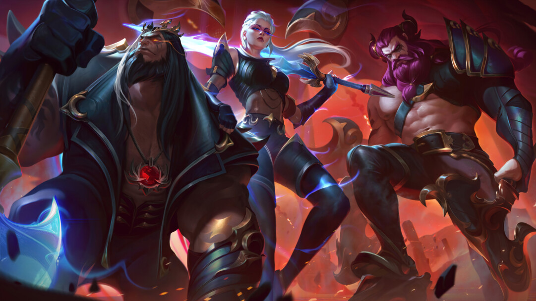 A high-quality 4K wallpaper featuring the Pentakill skins for Yorick, Kayle, and Olaf from League of Legends. The wallpaper showcases the epic splash art of these champions in a rock-inspired theme, perfect for fans of the Pentakill band.