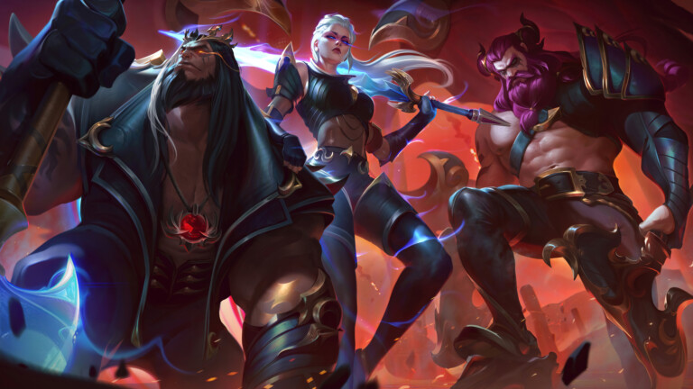 A high-quality 4K wallpaper featuring the Pentakill skins for Yorick, Kayle, and Olaf from League of Legends. The wallpaper showcases the epic splash art of these champions in a rock-inspired theme, perfect for fans of the Pentakill band.
