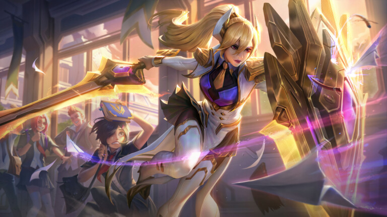 A stunning 4K wallpaper featuring the Prestige Battle Academia Leona skin from League of Legends. Leona, a valiant champion of justice, is showcased in her prestigious attire, radiating power and elegance.