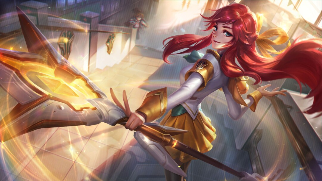 A stunning 4K wallpaper featuring prestige Battle Academia Lux skin from League of Legends. Lux, a powerful mage, is depicted in her dazzling Battle Academia outfit, radiating with magical energy.