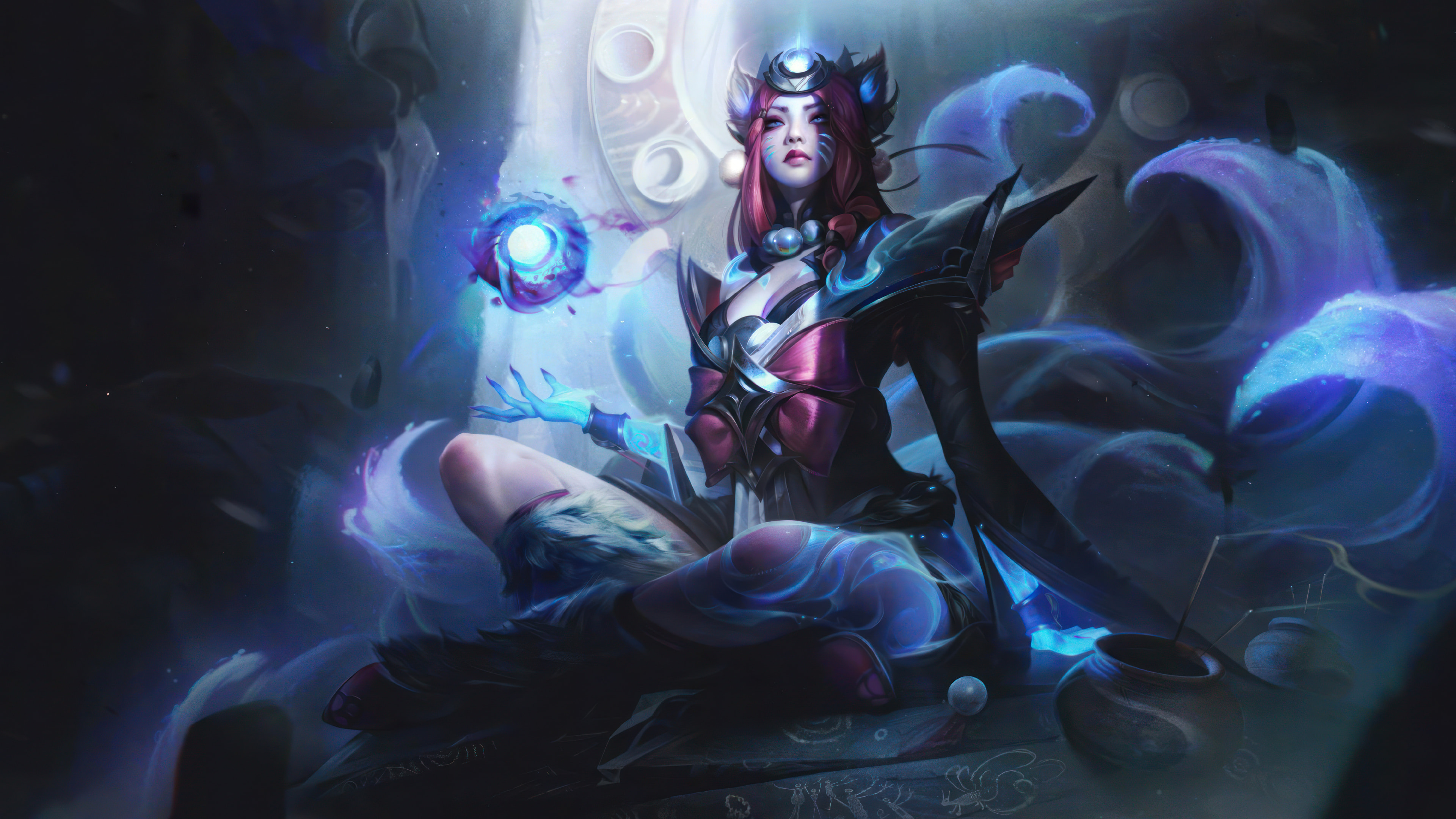 A stunning 4K desktop wallpaper featuring the Snow Moon Ahri skin from League of Legends.