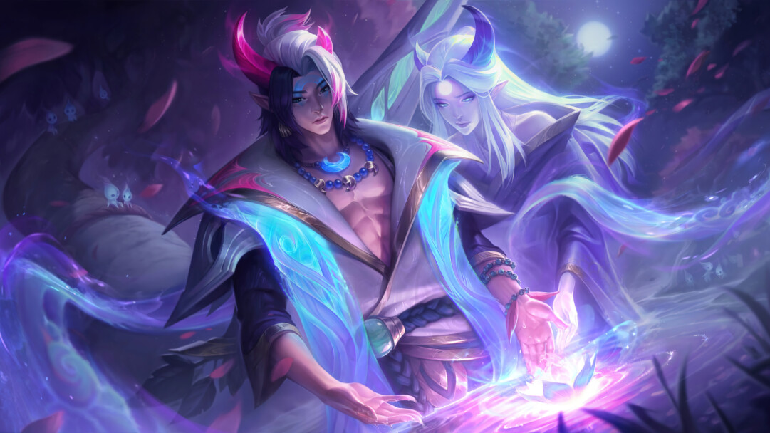 A stunning 4K desktop wallpaper featuring the Spirit Blossom Aphelios skin in League of Legends.