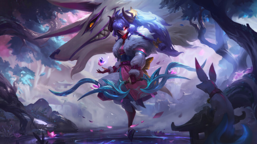 A stunning 4K desktop wallpaper featuring the Spirit Blossom Kindred skin from League of Legends.