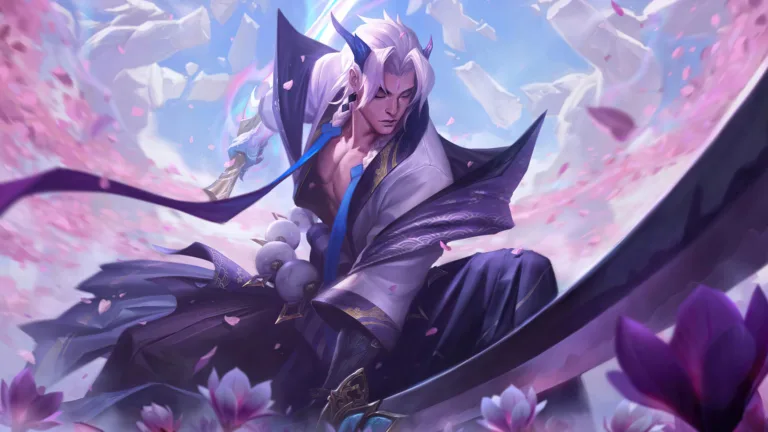 A stunning 4K desktop wallpaper featuring Spirit Blossom Yone from League of Legends. Yone is depicted in his elegant Spirit Blossom skin, standing gracefully in a field of cherry blossom petals.