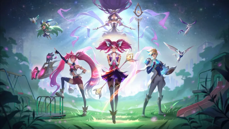 A mesmerizing 4K desktop wallpaper featuring the Star Guardian skins for Lux, Jinx, Ezreal, Lulu, and Janna in League of Legends Wild Rift.