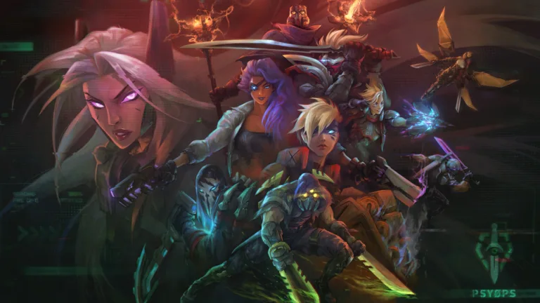 A captivating 4K wallpaper featuring the PsyOps skins from League of Legends. This wallpaper showcases Zed, Pyke, Vi, Samira, Ezreal, Shen, Kayle, Master Yi, Viktor, and Sona in their stunning PsyOps outfits, ready for action in the battlefield.