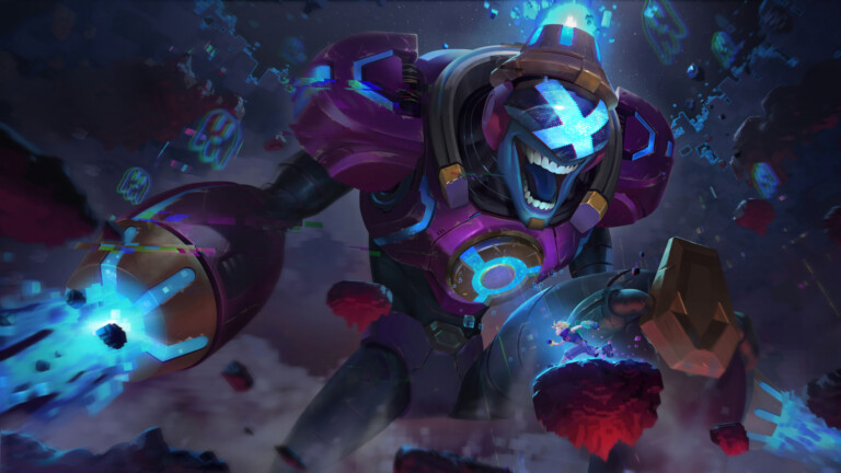 A visually stunning 4K wallpaper featuring the Battle Boss Brand skin from League of Legends. Brand, the fiery mage, takes on a new appearance as a powerful boss with a menacing aura and dark magic.
