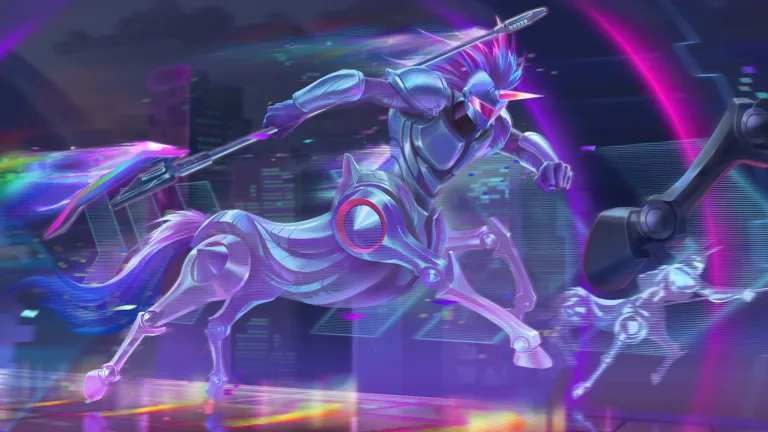 A captivating 4K wallpaper featuring the Battle Boss Hecarim Spectral Rider skin from League of Legends. Hecarim, the fearsome Centaur Warden, rides through the colorful and vibrant world of Runeterra, surrounded by an aura of dark power.