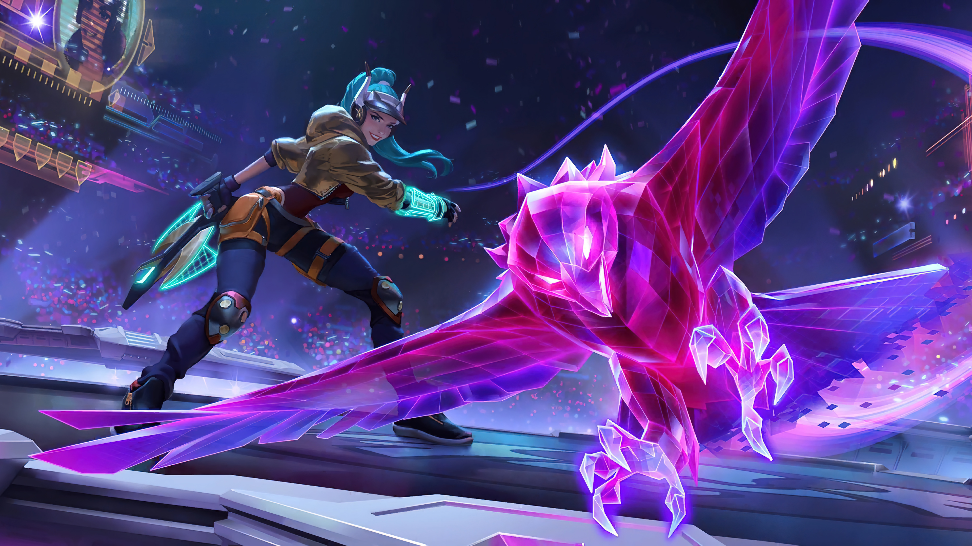 A captivating 4K wallpaper featuring the Battle Boss Quinn skin from League of Legends. Quinn, a powerful champion in the game, showcases her Runeterra-themed skin with vibrant colors and unique visual effects.