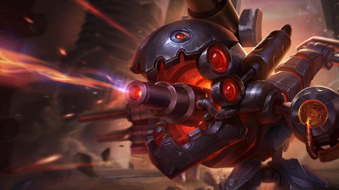 A mesmerizing 4K wallpaper showcasing the Battlecast Kog'Maw skin from League of Legends. Kog'Maw, the void creature, is depicted in his menacing Battlecast form, with intricate mechanical details and glowing red eyes.