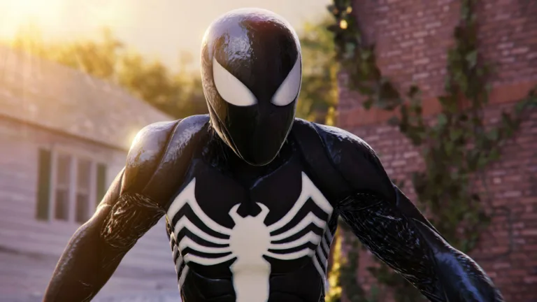 A captivating 4k wallpaper featuring Spider-Man wearing the iconic Venom Suit from Marvel's Spider-Man 2.