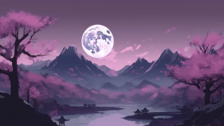 A mesmerizing 4k wallpaper featuring a stunning Japanese painting of mountains, trees, and a serene moonlit scene. The artwork's purple hues create a captivating atmosphere, while the AI-generated details add a touch of modernity.