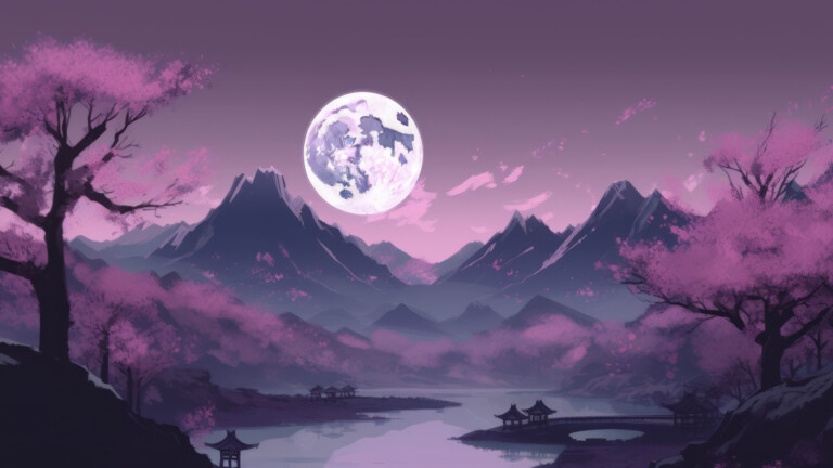 A mesmerizing 4k wallpaper featuring a stunning Japanese painting of mountains, trees, and a serene moonlit scene. The artwork's purple hues create a captivating atmosphere, while the AI-generated details add a touch of modernity.