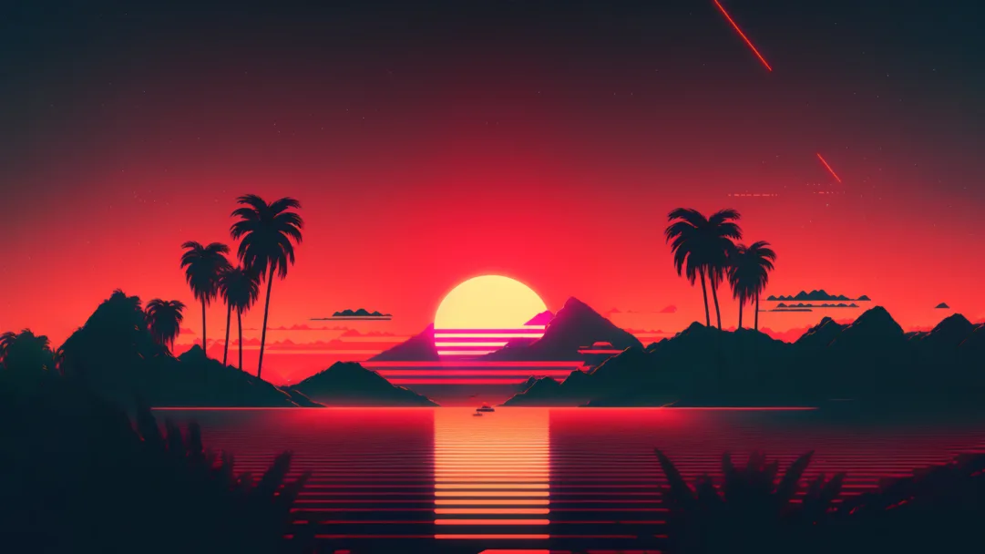 A stunning 4k wallpaper featuring a captivating digital art representation of palm trees against a breathtaking sunset scenery. Immerse yourself in the beauty of this artistic creation, perfect for enhancing your desktop or mobile device.