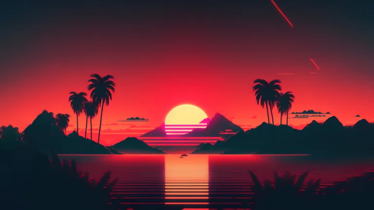 A stunning 4k wallpaper featuring a captivating digital art representation of palm trees against a breathtaking sunset scenery. Immerse yourself in the beauty of this artistic creation, perfect for enhancing your desktop or mobile device.