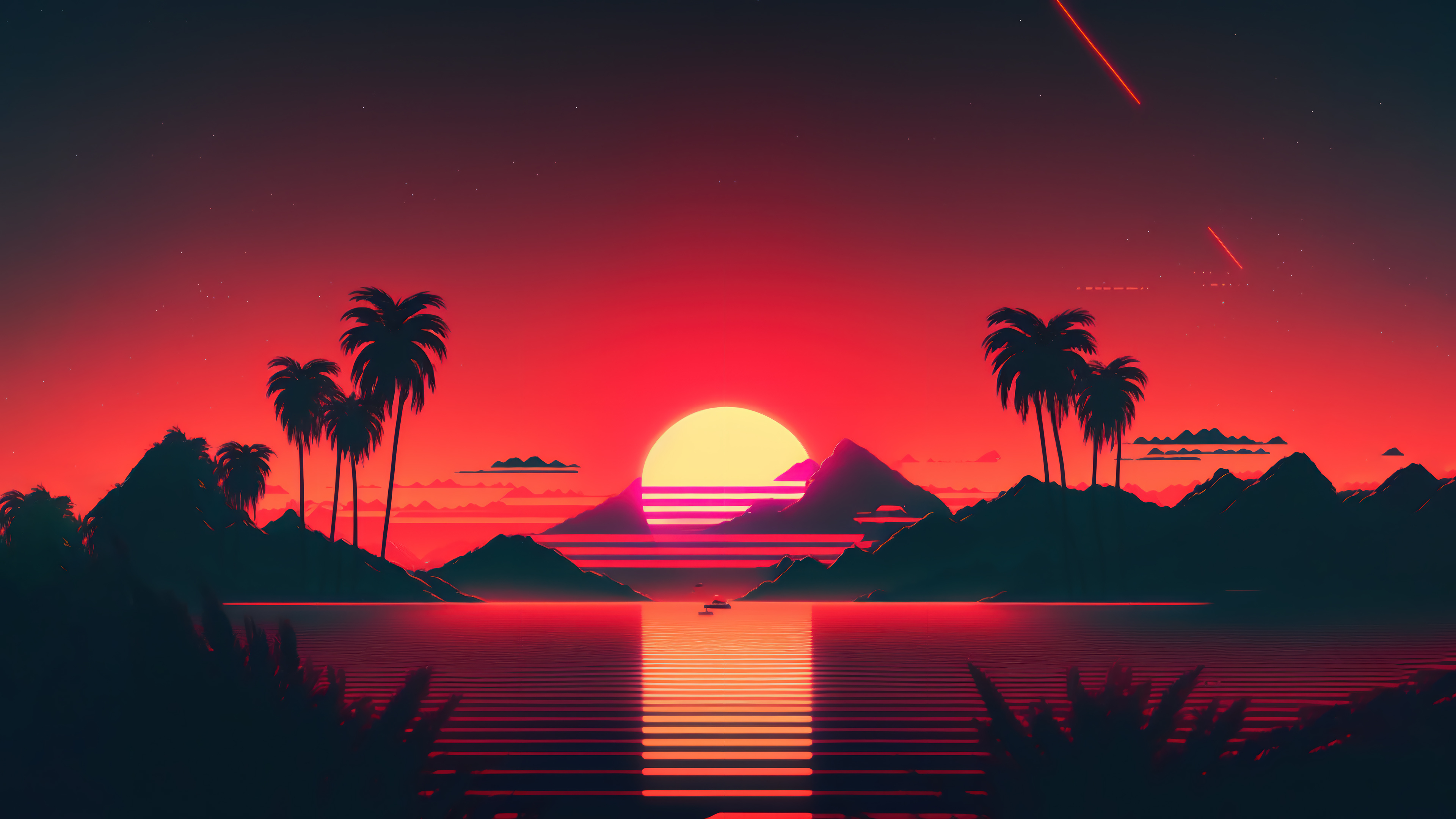 A stunning 4k wallpaper featuring a captivating digital art representation of palm trees against a breathtaking sunset scenery. Immerse yourself in the beauty of this artistic creation, perfect for enhancing your desktop or mobile device.