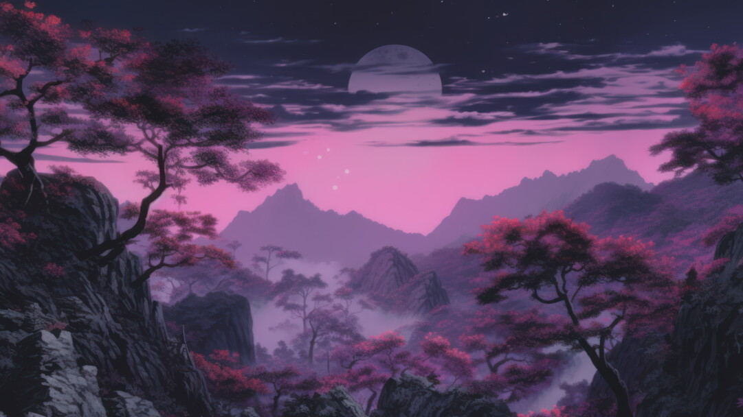 Immerse yourself in the beauty of this AI-generated 4k wallpaper featuring a stunning Japanese painting of purple forest mountains. The art captures the essence of nature, offering a serene and peaceful scenery.