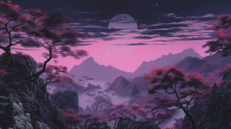 Immerse yourself in the beauty of this AI-generated 4k wallpaper featuring a stunning Japanese painting of purple forest mountains. The art captures the essence of nature, offering a serene and peaceful scenery.