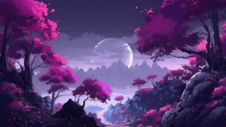 A stunning 4K wallpaper featuring a purple Japanese painting created with AI. This scenic digital art showcases the beauty of nature and the mesmerizing colors of Japanese artistry.