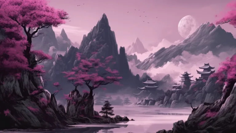 A breathtaking Japanese painting of purple trees and mountains. This stunning 4K wallpaper showcases a vibrant landscape art piece, capturing the beauty of nature with its rich colors and serene atmosphere.