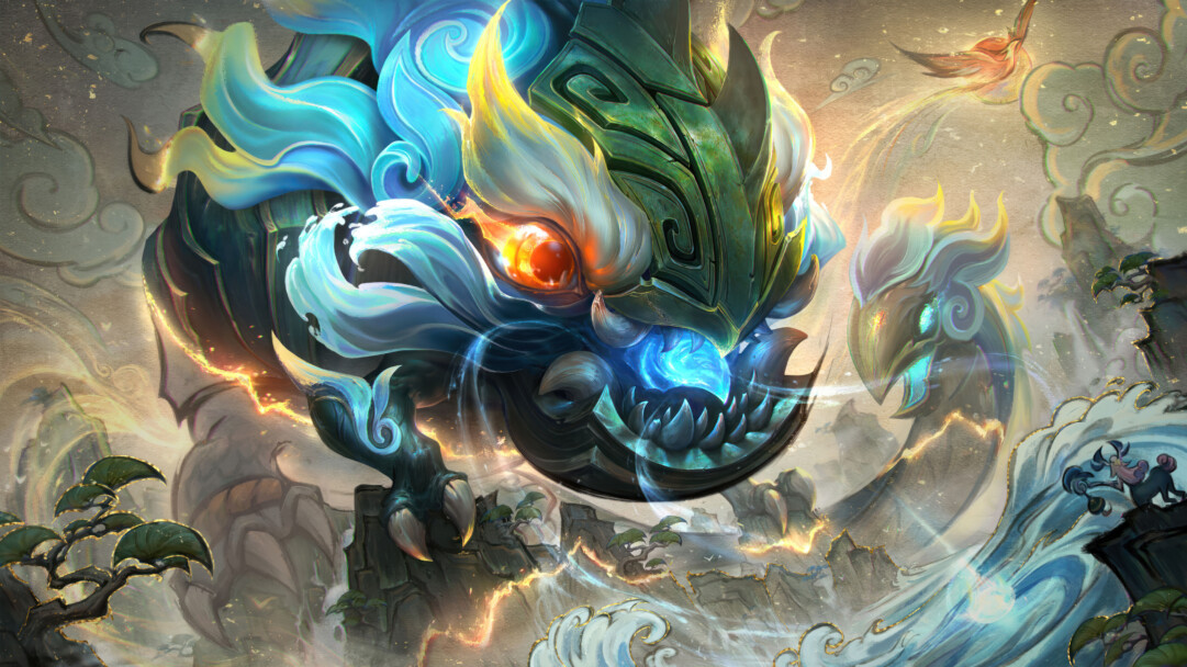A captivating 4K wallpaper showcasing the Shan Hai Scrolls Kog'Maw skin from League of Legends. Kog'Maw, the Voidborn creature, is adorned in intricate and vibrant designs inspired by the Shan Hai Scrolls theme, depicting an ancient mythical world.