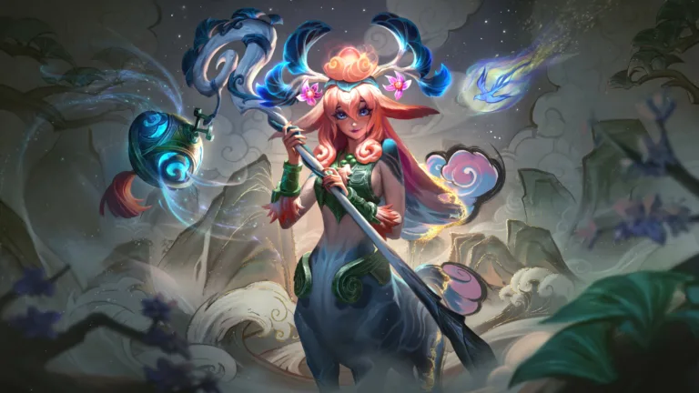 mesmerizing 4K wallpaper featuring the Shan Hai Scrolls Lillia skin from League of Legends. Lillia, the Dream Blossom, is depicted in the mystical Shan Hai Scrolls theme, surrounded by ethereal elements and vibrant colors.