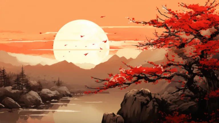 A mesmerizing 4K wallpaper created by AI, inspired by Japanese painting, showcasing a serene lake scenery surrounded by breathtaking natural landscapes.
