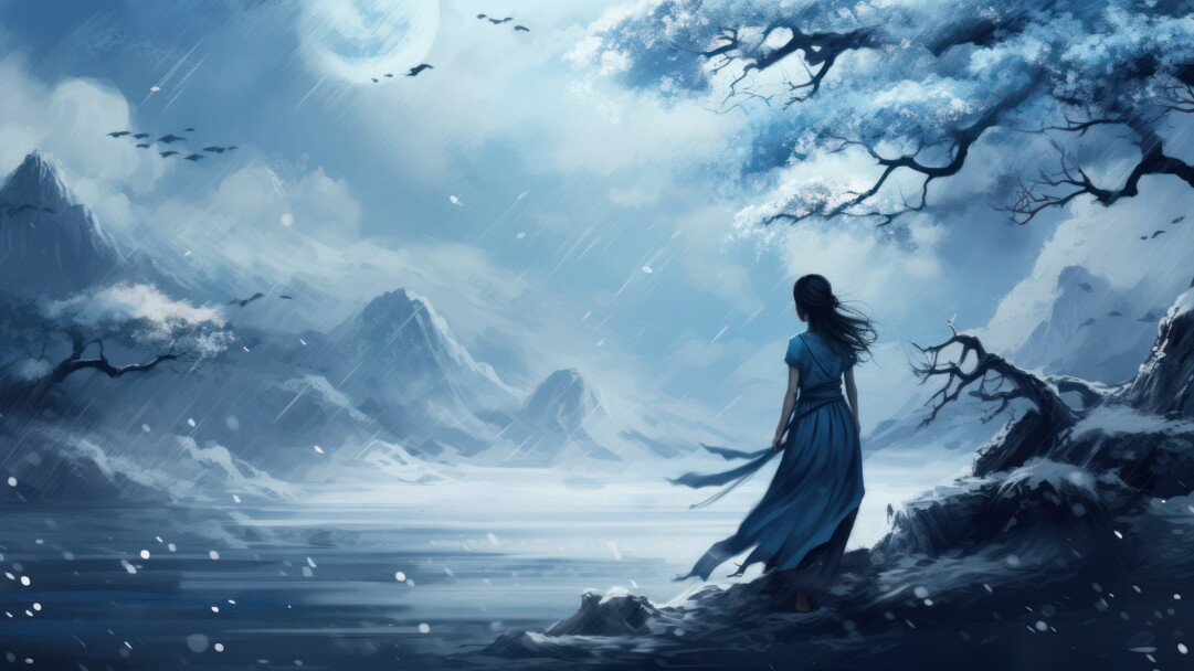 A stunning 4K wallpaper featuring an AI-generated lone girl in a captivating Japanese painting. Immerse yourself in the beauty of this digital art masterpiece, blending traditional Japanese art style with modern technology.
