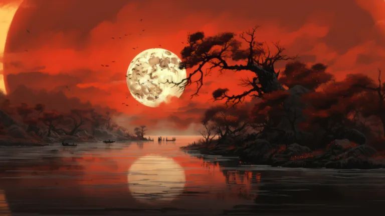 A breathtaking 4K wallpaper showcasing a Japanese painting of a tranquil landscape with a moon reflection. This stunning artwork, created with the help of artificial intelligence, captures the essence of traditional Japanese art and the beauty of nature.